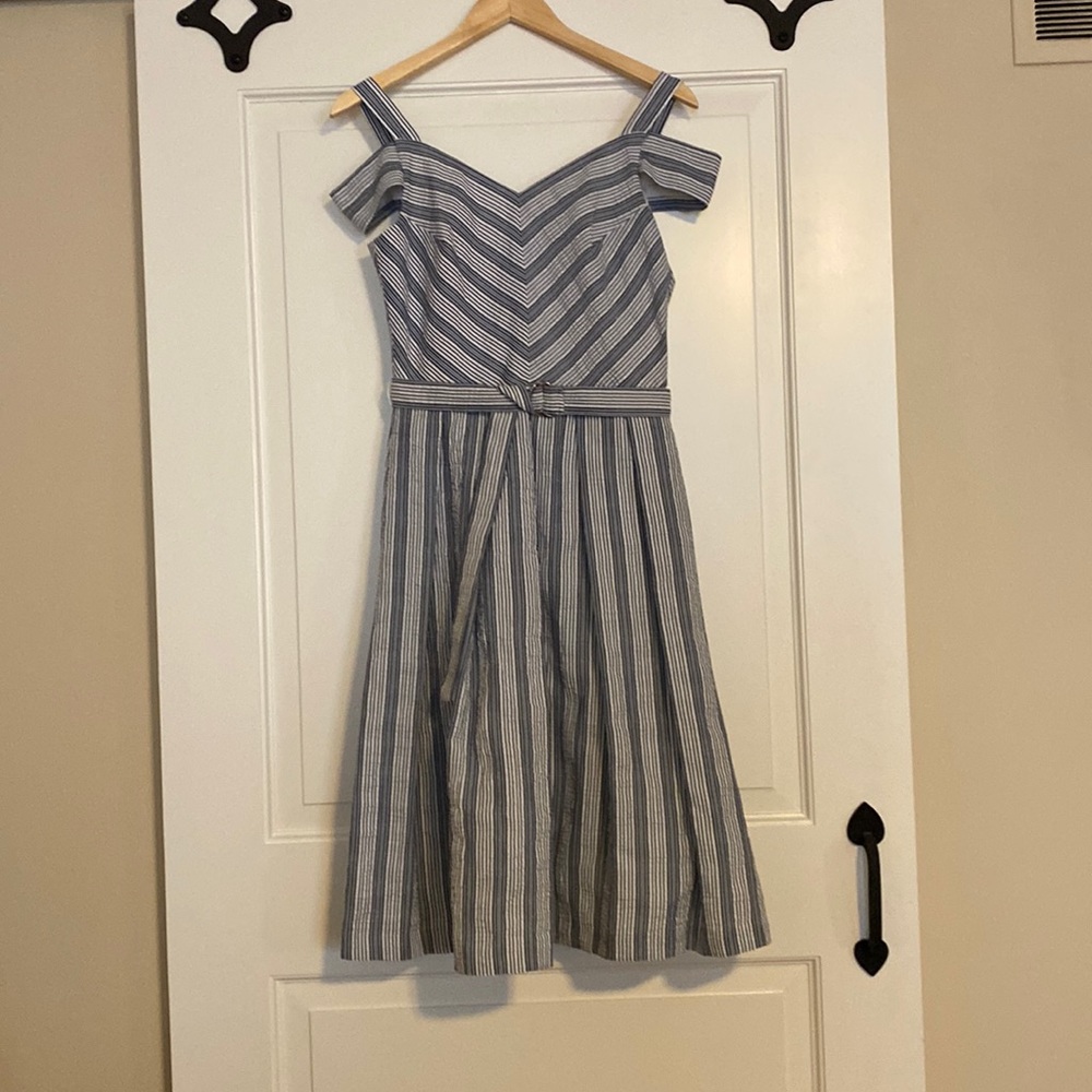 WHBM seersucker blue and white stipe fit and flare dress